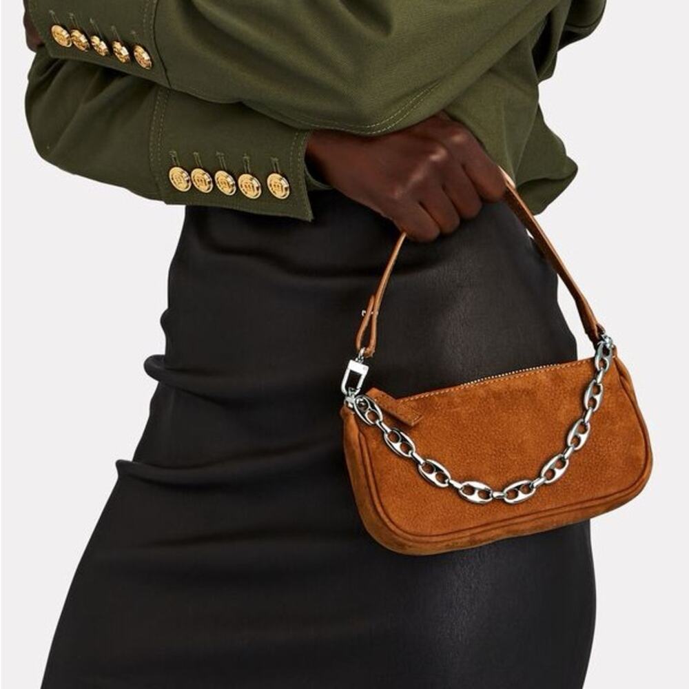 BY FAR Mini Rachel Chain-Embellished Suede Baguette Bag